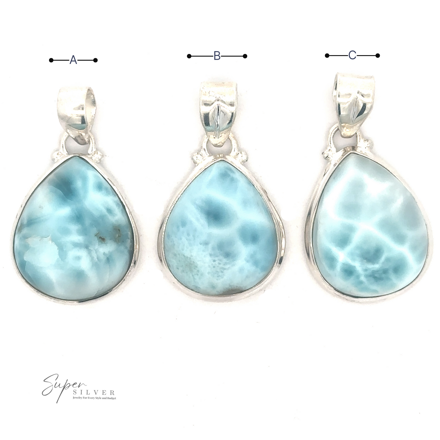 Three teardrop-shaped blue gemstones, reminiscent of Larimar, labeled A, B, and C, set in sterling silver pendants, displayed on a white background. The pendants are from Super Silver, as noted by the logo in the lower left corner. Each is a Small Teardrop Larimar Pendant—perfect for a night out.