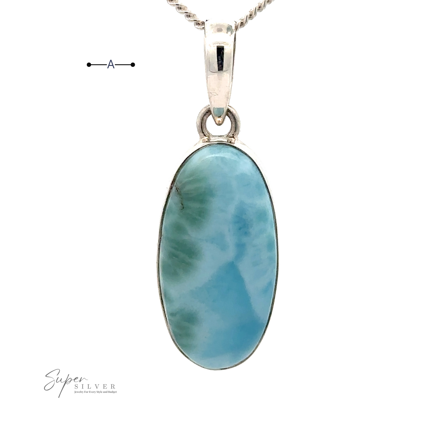 
                  
                    A Beautiful Long Oval Larimar Pendant with an oval-shaped blue-green Larimar gemstone, known for its origins in the Dominican Republic, is set in a .925 Sterling Silver frame. The pendant hangs on a silver chain against a plain white background. "Super Silver" is written in the bottom left corner.
                  
                