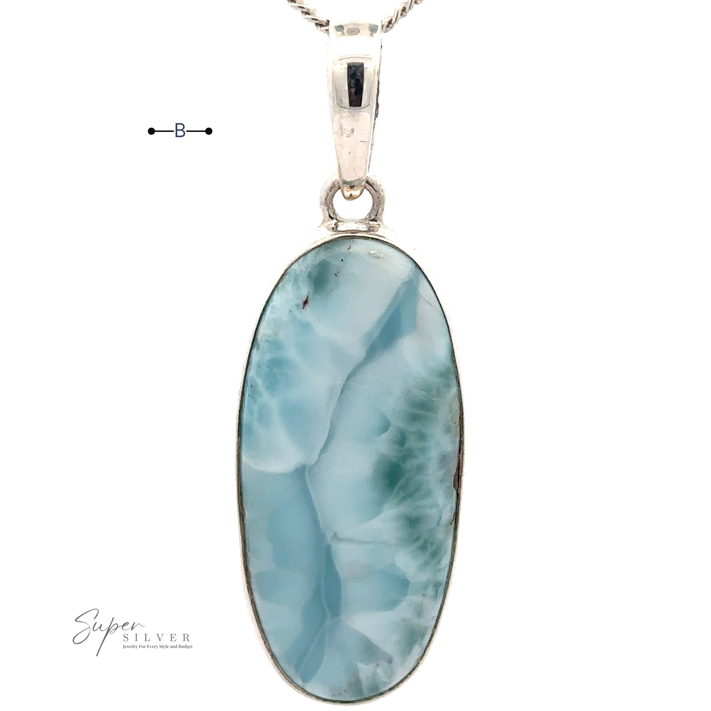 
                  
                    An oval-shaped pendant featuring a marbled Larimar stone set in .925 Sterling Silver, hanging from a silver chain. Logo text reads "Beautiful Long Oval Larimar Pendant".
                  
                
