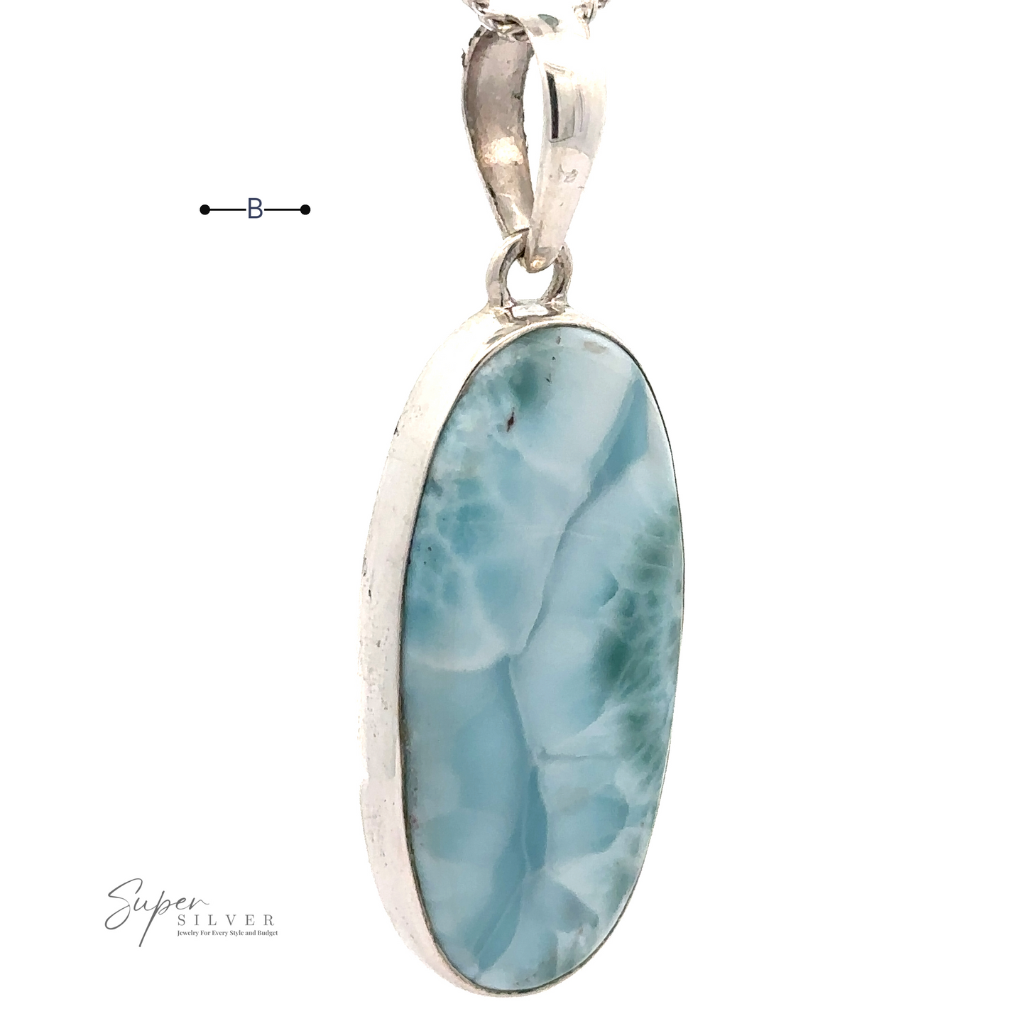 
                  
                    A Beautiful Long Oval Larimar Pendant featuring an oval-shaped, blue-green Larimar gemstone from the Dominican Republic, showcasing a marbled pattern. The chain's .925 Sterling Silver clasp is visible at the top.
                  
                