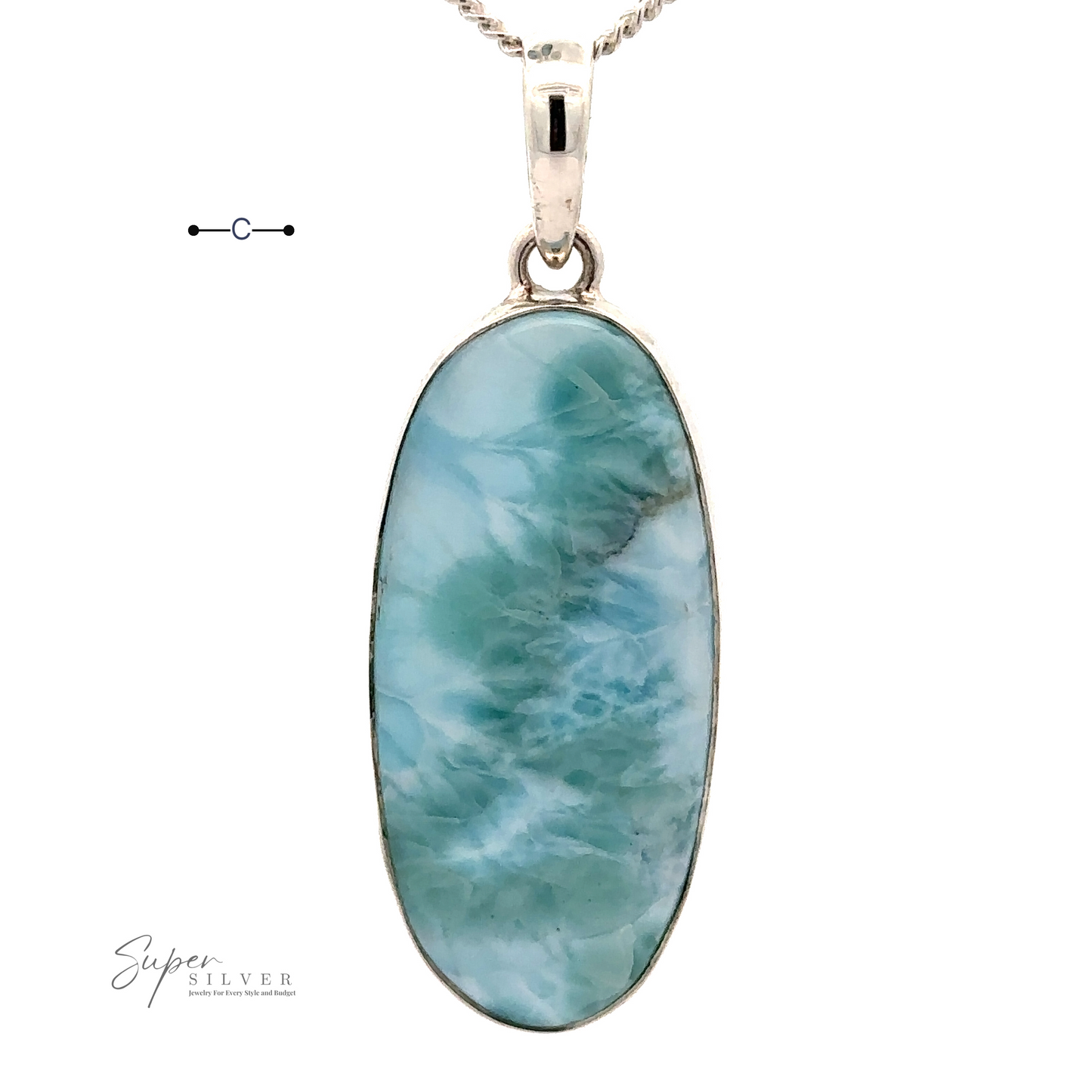 
                  
                    A Beautiful Long Oval Larimar Pendant with a marbled pattern, set in a .925 Sterling Silver frame and hung on a chain. The image has the brand name "Super Silver" in the lower-left corner.
                  
                
