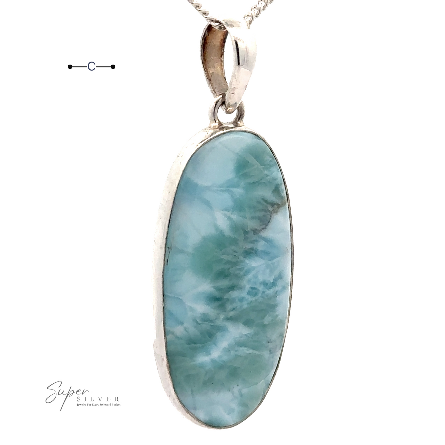 
                  
                    A Beautiful Long Oval Larimar Pendant, crafted from .925 Sterling Silver, showcases an oval-shaped blue-green Larimar gemstone sourced from the Dominican Republic, hanging on a delicate chain.
                  
                