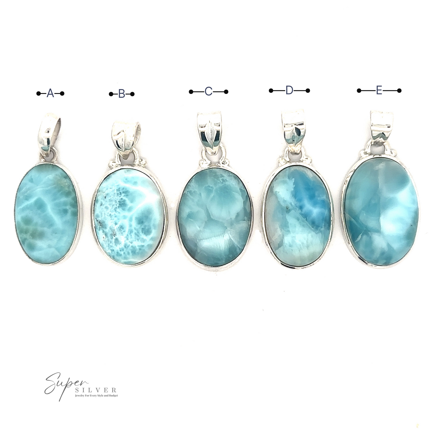 Five Small Oval Larimar Pendants, labeled A to E, are displayed in a row. Each pendant features a unique pattern and shade of blue, perfect for everyday wear.