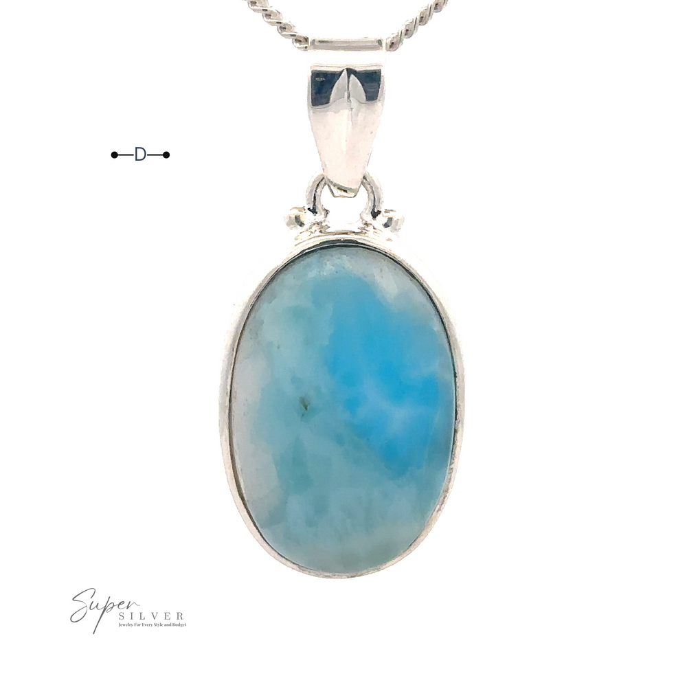 
                  
                    A blue oval Larimar pendant with marbled white patterns set in a Sterling Silver frame on a silver chain. Perfect for everyday wear, the Small Oval Larimar Pendants are accompanied by a small, horizontal double-ended arrow and text "Super Silver" in the corner.
                  
                