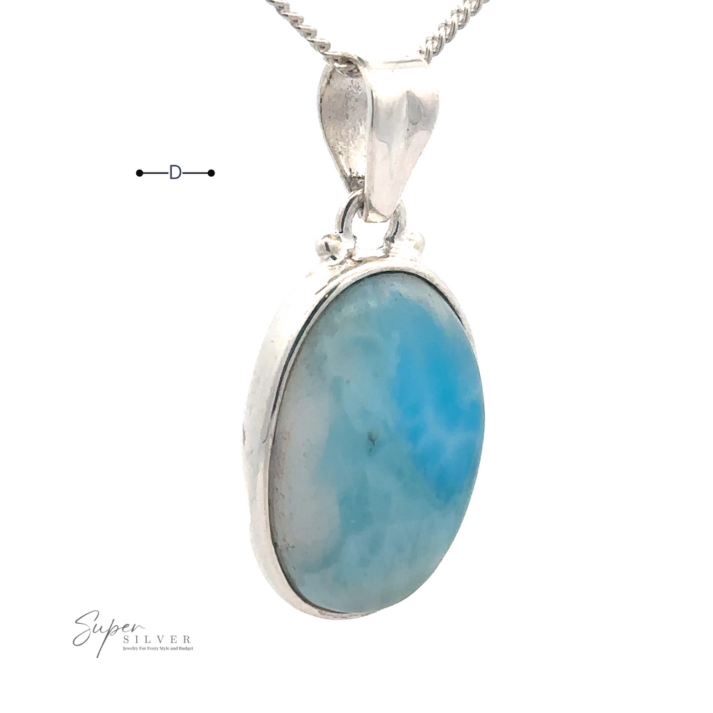 
                  
                    Small Oval Larimar Pendants set in sterling silver with a silver chain. Perfect for everyday wear, the "Super Silver" logo is visible near the bottom left corner.
                  
                