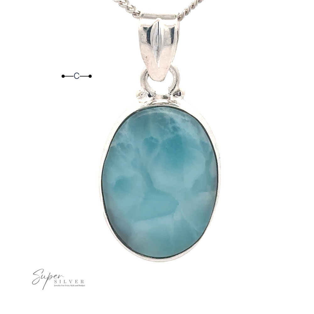 
                  
                    A sterling silver necklace with a Small Oval Larimar Pendant, perfect for everyday wear. The image includes a branded text "Super Silver" at the bottom left.
                  
                