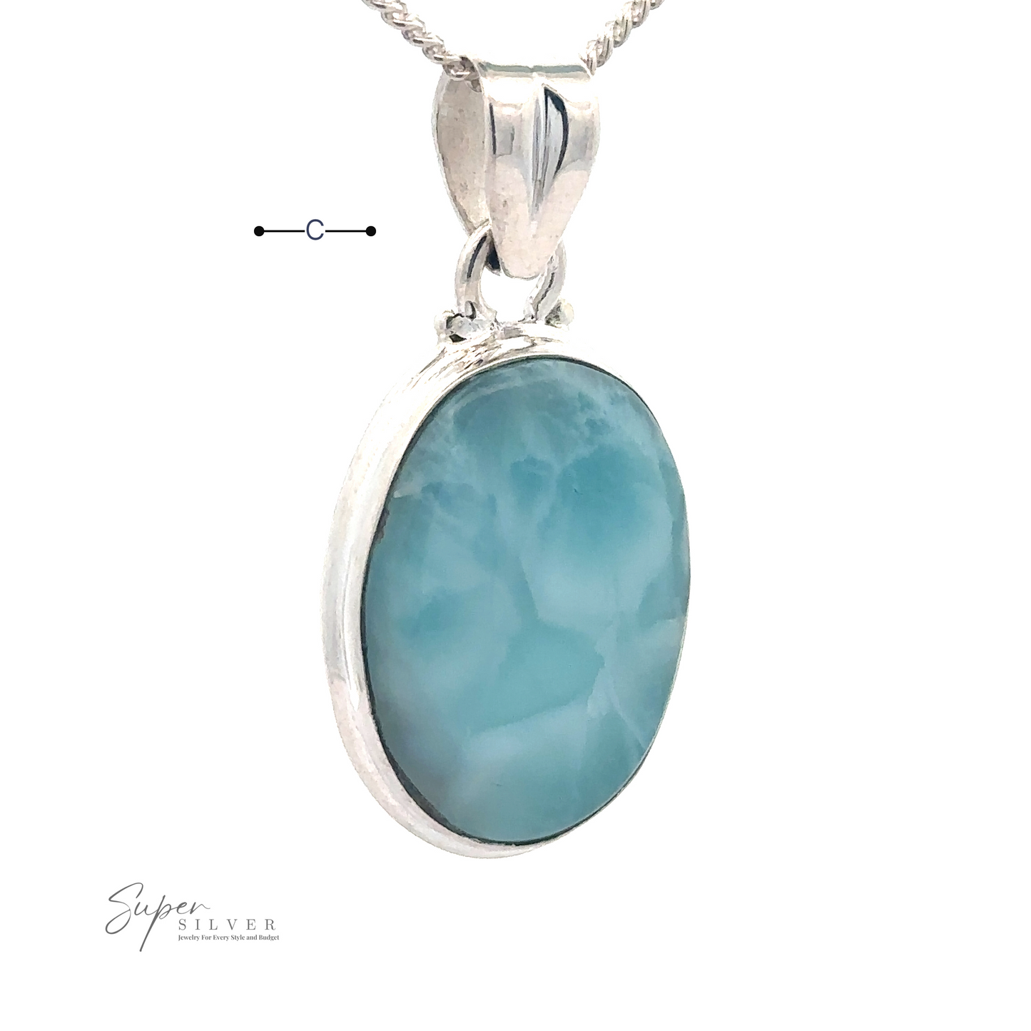
                  
                    A sterling silver necklace with a small oval Larimar pendants on a twisted chain. The pendant features a marbled pattern, making it perfect for everyday wear.
                  
                
