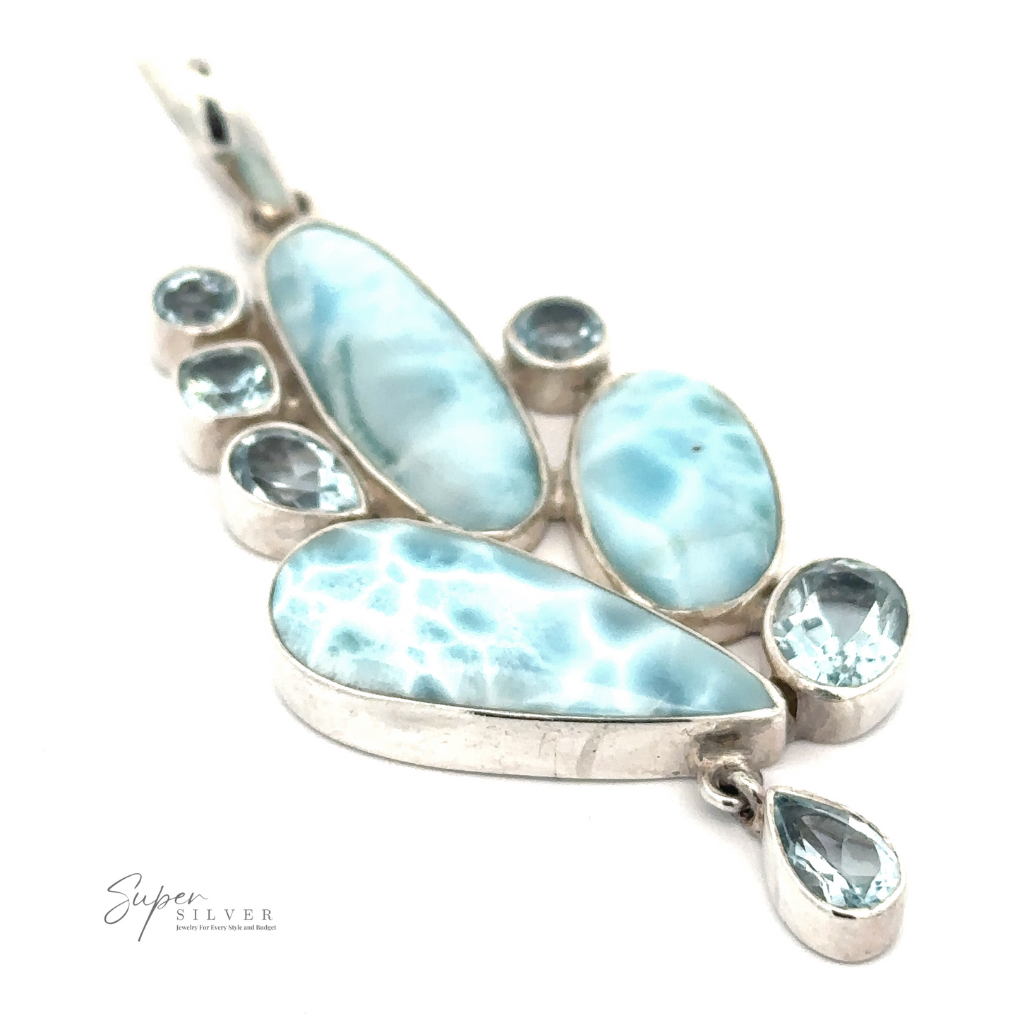 A Beautiful Larimar and Blue Topaz Pendant featuring multiple light blue gems of varying sizes and shapes, with the text "Super Silver" in the lower left corner.