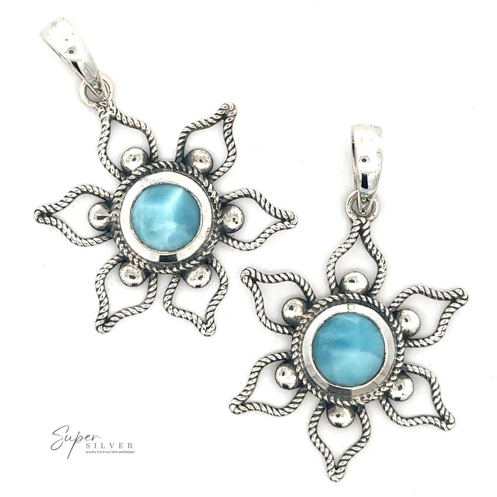 
                  
                    Two Larimar Flower Pendants, reminiscent of a serene beach day, are placed on a white background. The 'Super Silver' logo is visible in the bottom left corner.
                  
                