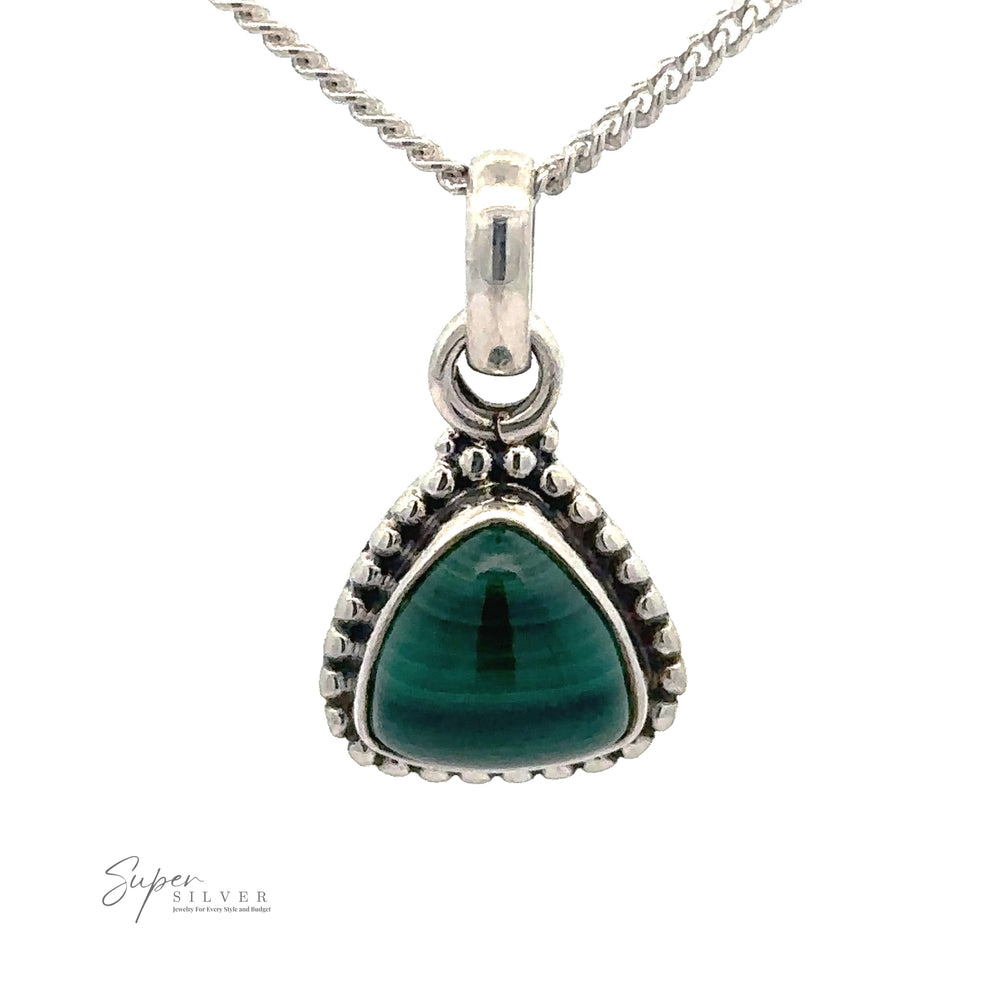 
                  
                    A Beautiful Triangular Shape Stone Pendant With Beaded Design set in Sterling Silver with a decorative, beaded design bail on a chain. The "Super Silver" logo appears in the bottom left.
                  
                