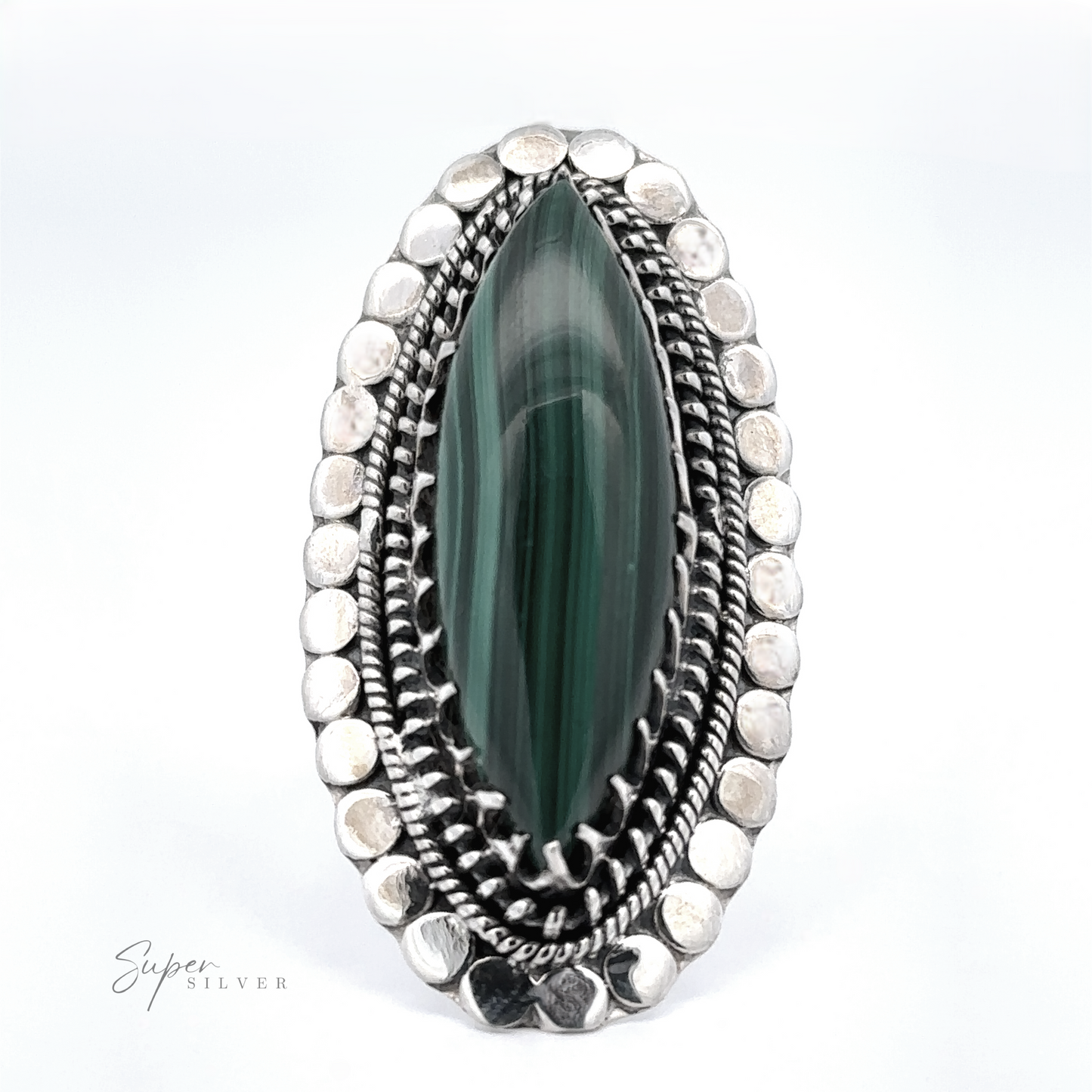 
                  
                    Oval-shaped silver ring with a large, green stone in the center, surrounded by multiple layers of detailed silverwork. The brand name "Super Silver" appears in small text at the bottom left. This exquisite piece is a perfect example of bohemian jewelry at its finest.

Statement Marquise Shaped Gemstone Ring
                  
                