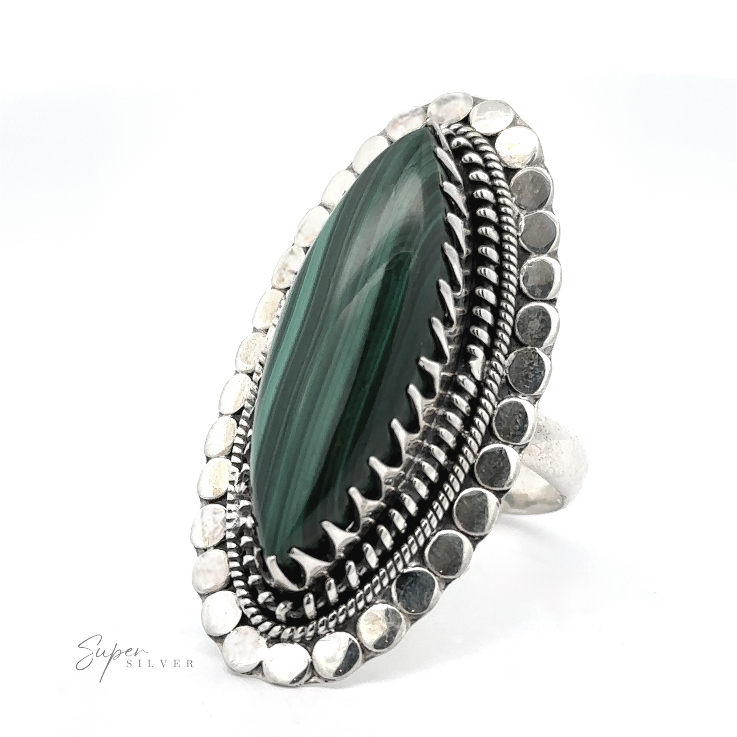 
                  
                    Statement Marquise Shaped Gemstone Ring with an elongated, marquise-shaped green gemstone, featuring intricate detailing and a textured border, displayed on a white background.
                  
                
