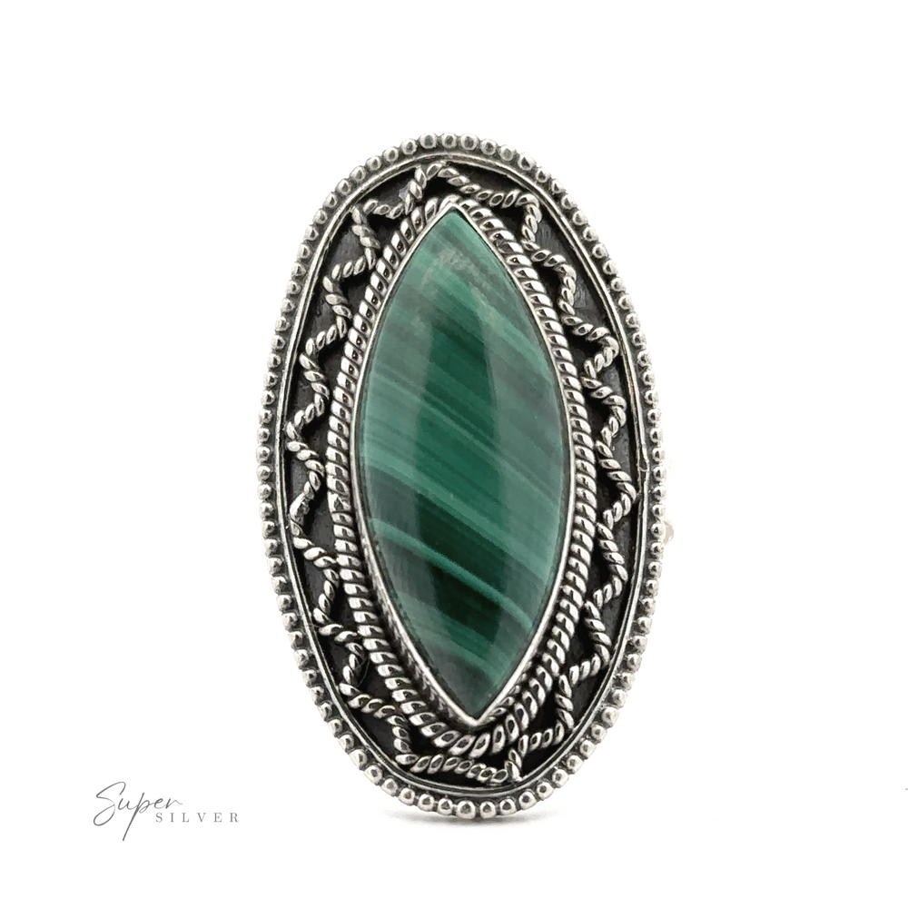 
                  
                    An intricately designed Marquise Shaped Gemstone Ring With Vintage Shield Border featuring an elongated green stone set in a detailed bezel with beaded and rope-like patterns, adding a Bohemian twist.
                  
                