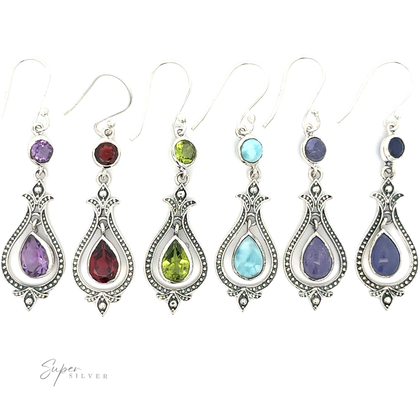 A set of six pairs of Vintage-Styled Teardrop Earrings with Gemstones, each showcasing a different colored gemstone—purple, red, green, light blue, dark blue, and white—in a .925 Sterling Silver dangle earrings design.