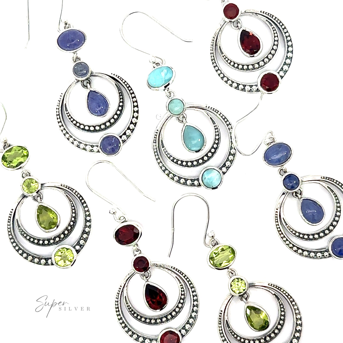 A collection of Overlapping Circle Earrings with Vibrant Gemstones featuring various colored gemstones and intricate .925 Sterling Silver designs, displayed on a white background.