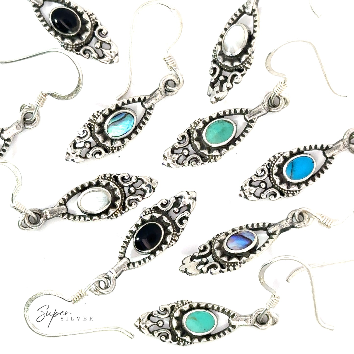 
                  
                    A group of Delicate Victorian Stone Earrings with blue and green stones.
                  
                