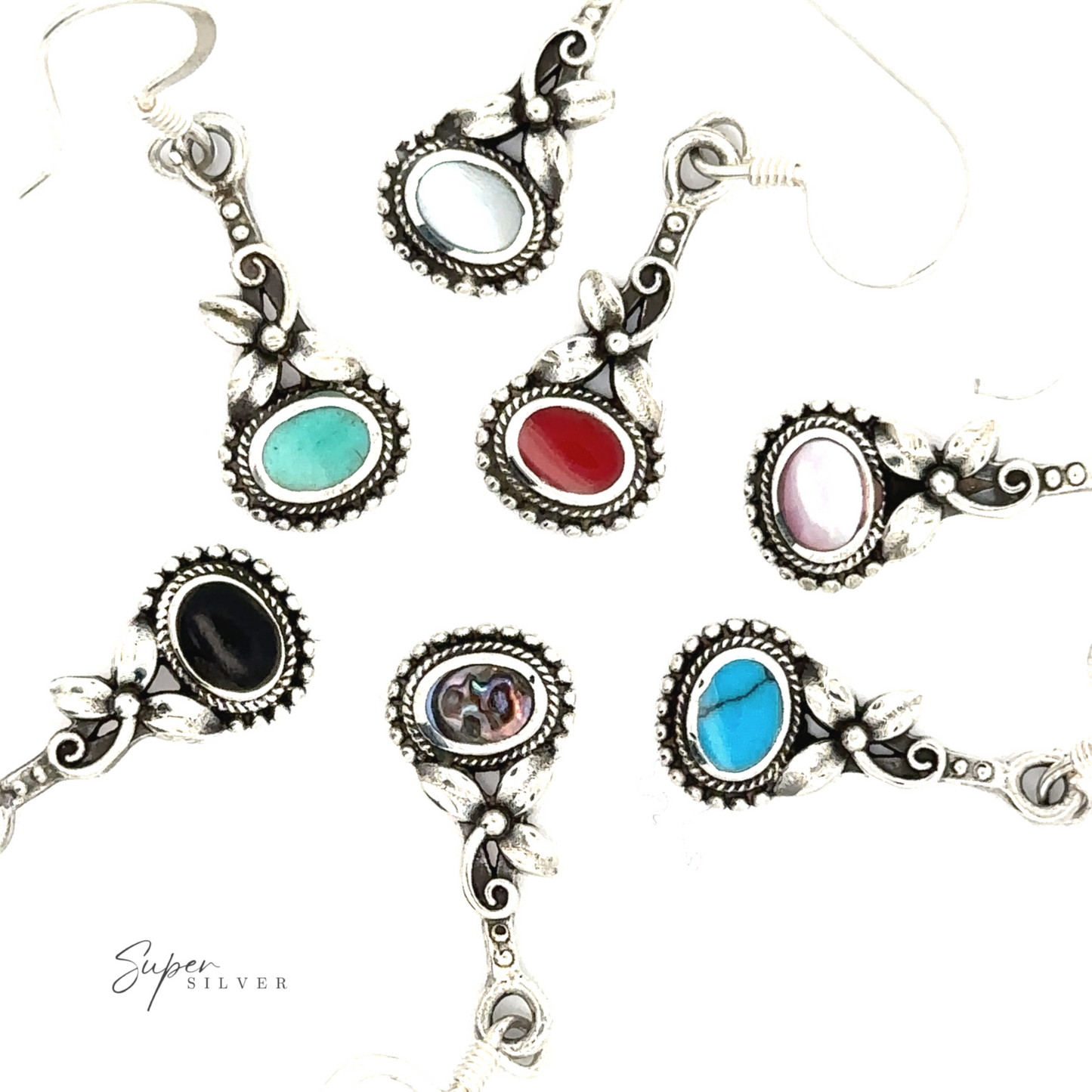 A group of Inlaid Flower Earrings with Oval Stone, offering boho elegance and vintage charm.