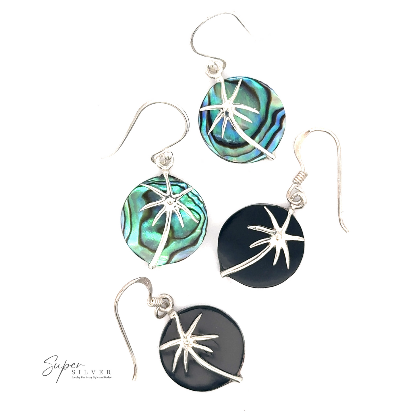 
                  
                    Four Stone Earrings with Silver Palm Tree. Two abalone shell earrings feature a green design with a silver starfish, while the other two onyx stone earrings are black with a silver starfish. The Super Silver logo is in the corner.
                  
                