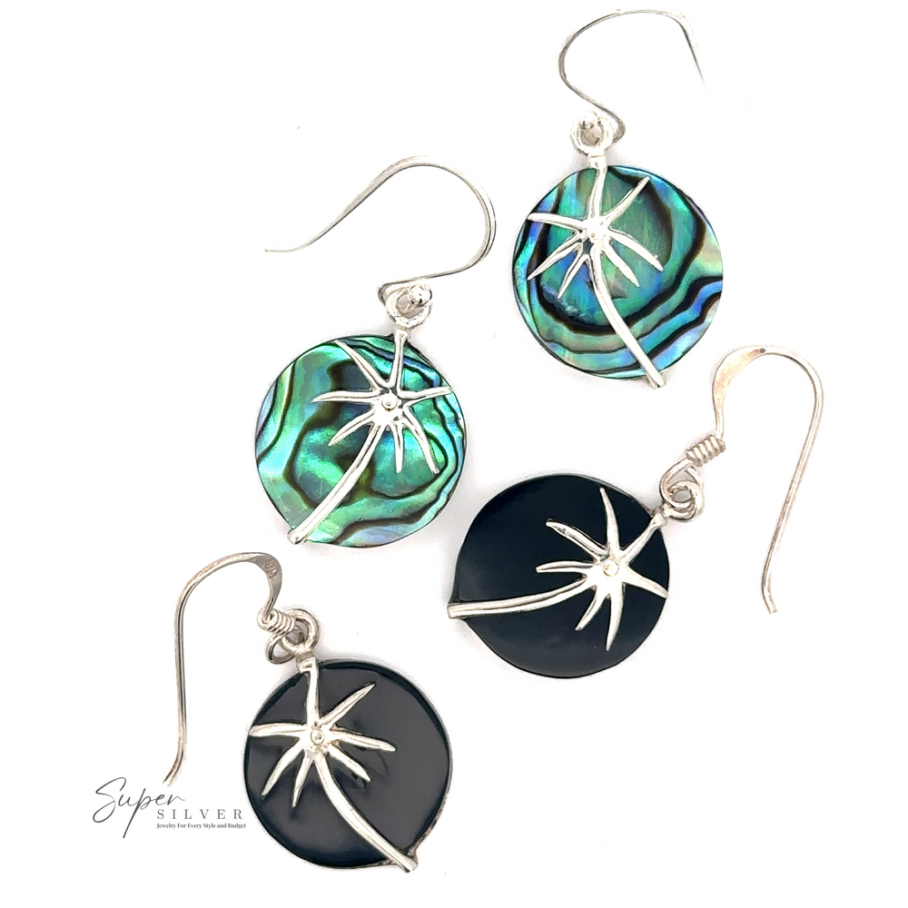 Two pairs of Stone Earrings with Silver Palm Tree: one pair is stunning Abalone shell earrings featuring green and blue hues with silver starfish designs, while the other pair showcases black onyx stone pendants adorned with elegant silver starfish designs.