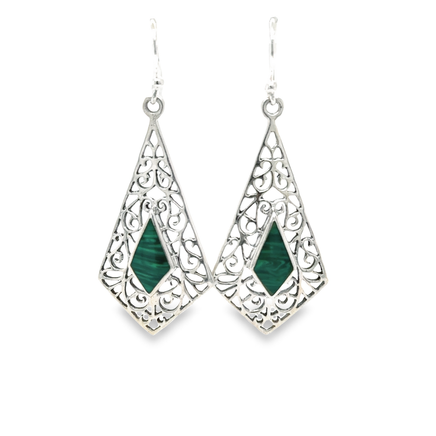 
                  
                    A pair of Elongated Diamond Teardrop Earrings with inlaid stones from Super Silver, with inlaid green malachite stone.
                  
                