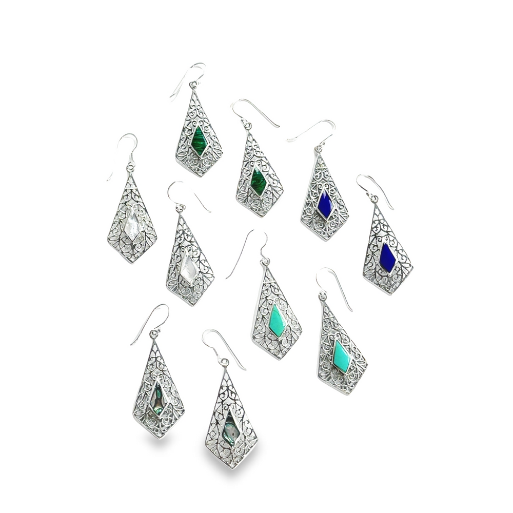 A pair of Super Silver Elongated Diamond Teardrop Earrings with Inlaid Stones adorned with blue and green stones.
