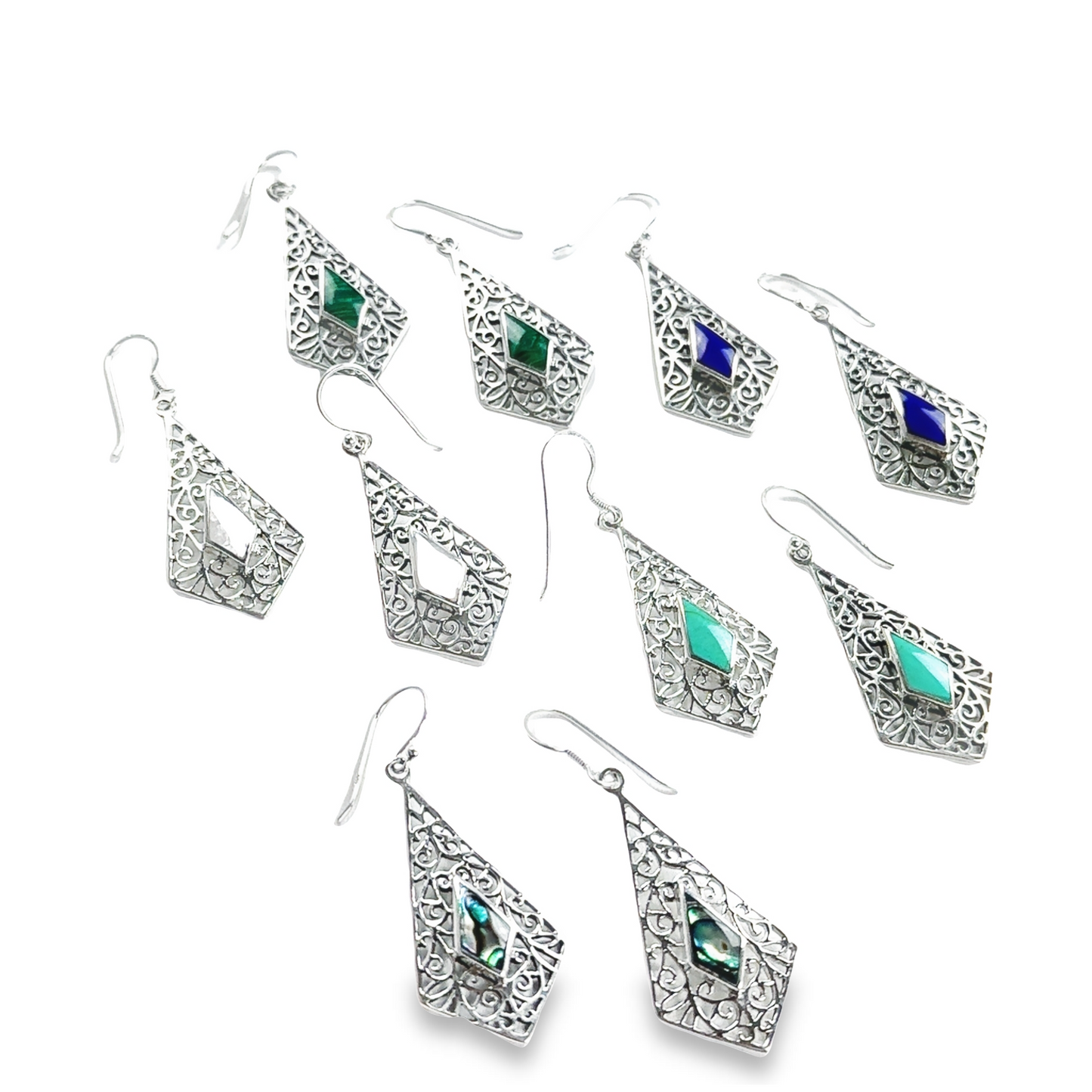 A pair of Elongated Diamond Teardrop Earrings with Inlaid Stones from Super Silver, featuring intricate filigree patterns.
