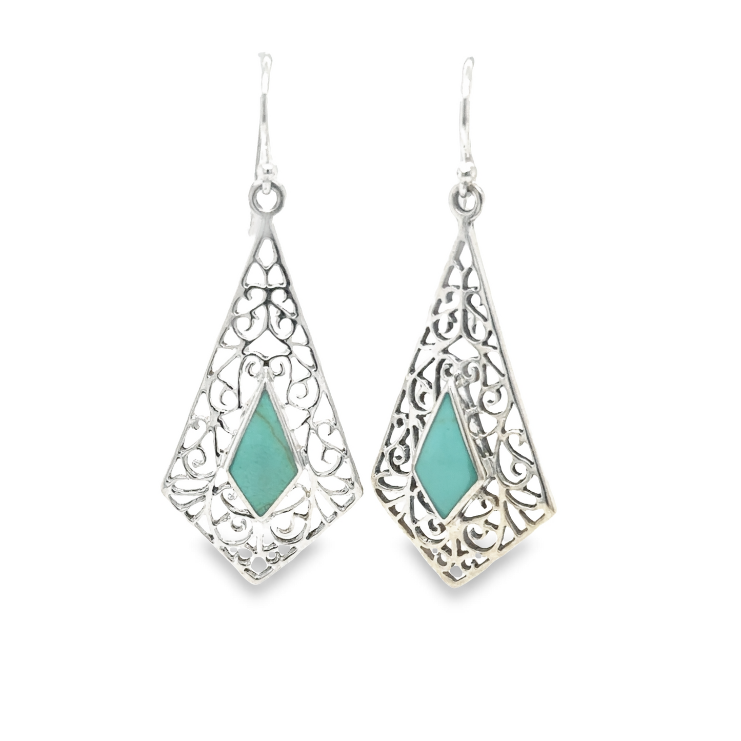 
                  
                    A pair of Super Silver Elongated Diamond Teardrop Earrings with Inlaid Stones featuring turquoise stone and silver filigree patterns.
                  
                