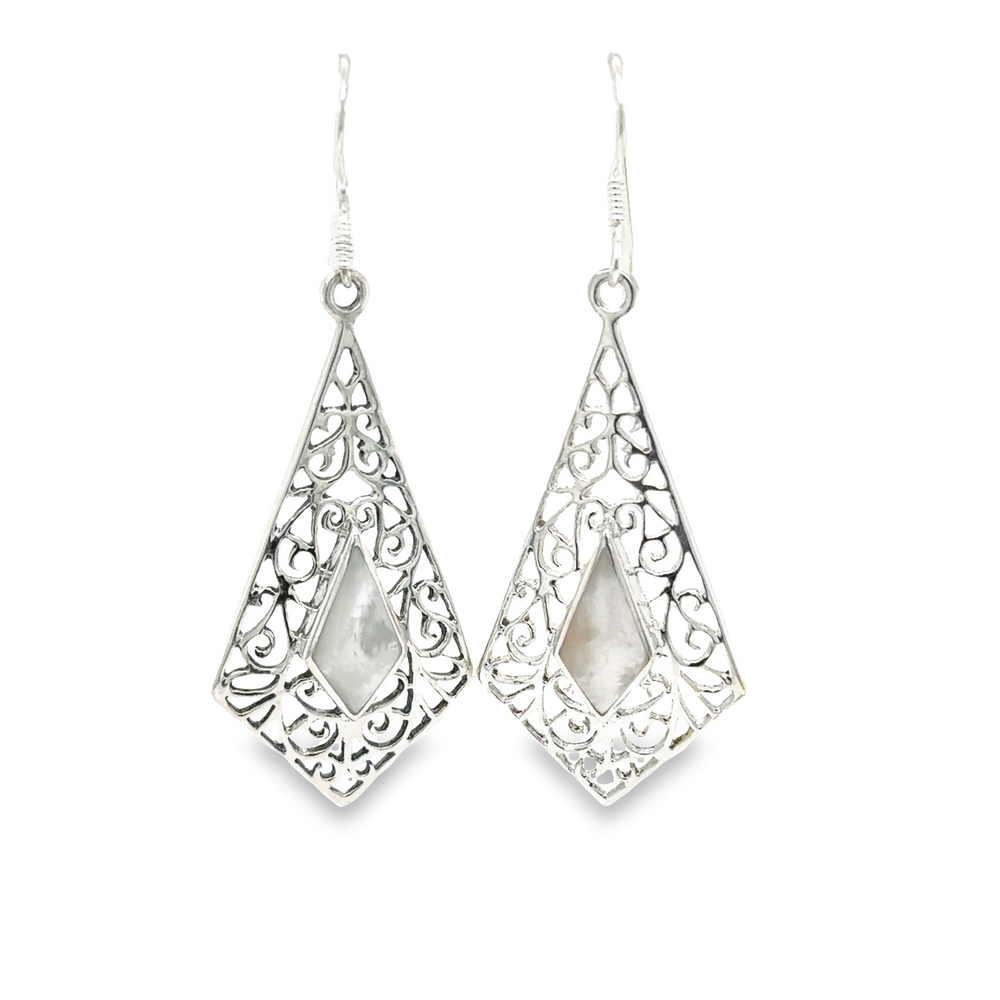 
                  
                    A pair of Super Silver Elongated Diamond Teardrop Earrings with Inlaid Stones.
                  
                