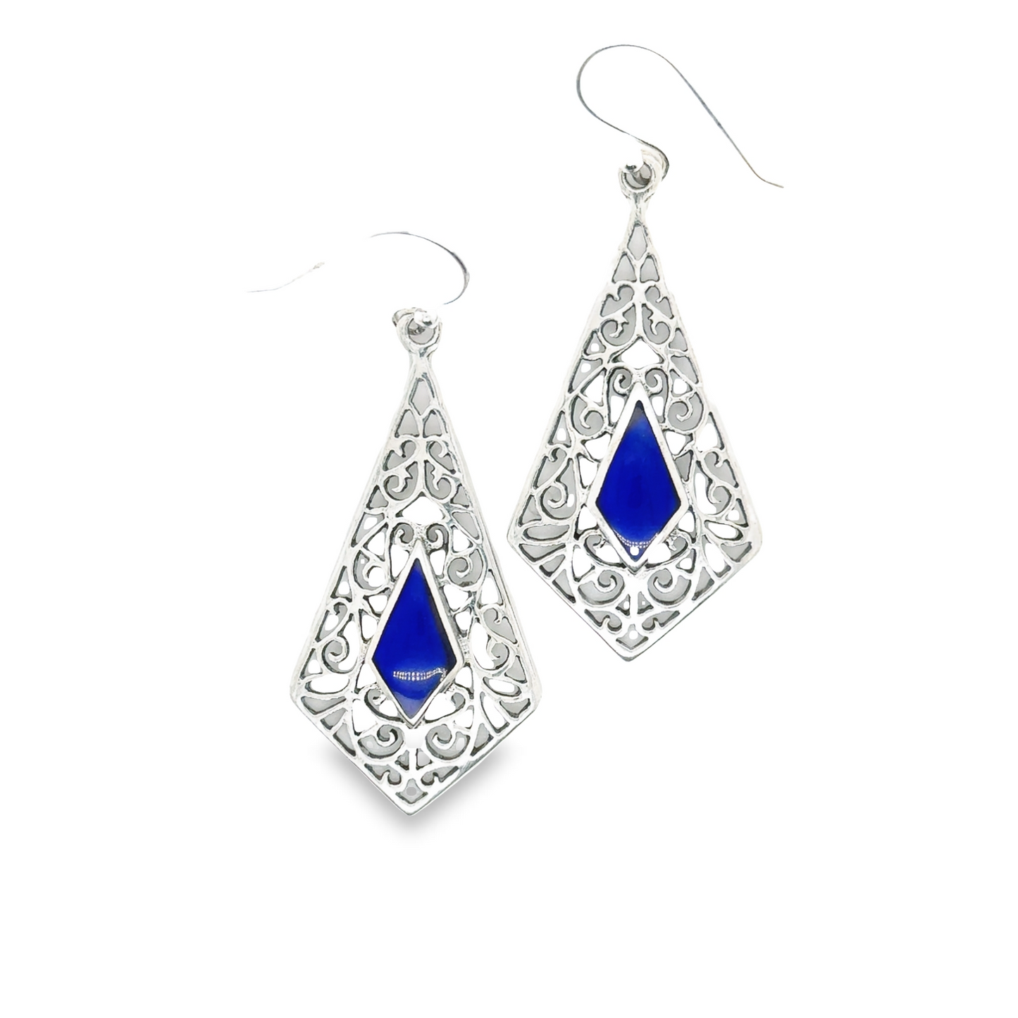 
                  
                    A pair of Super Silver elongated diamond teardrop earrings with inlaid blue stones.
                  
                