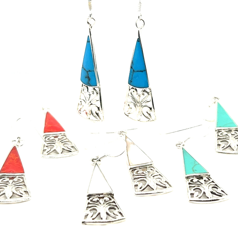 A pair of Super Silver Long Triangle Filigree Earrings with Inlaid Stone, with nature-inspired beauty and turquoise stones.