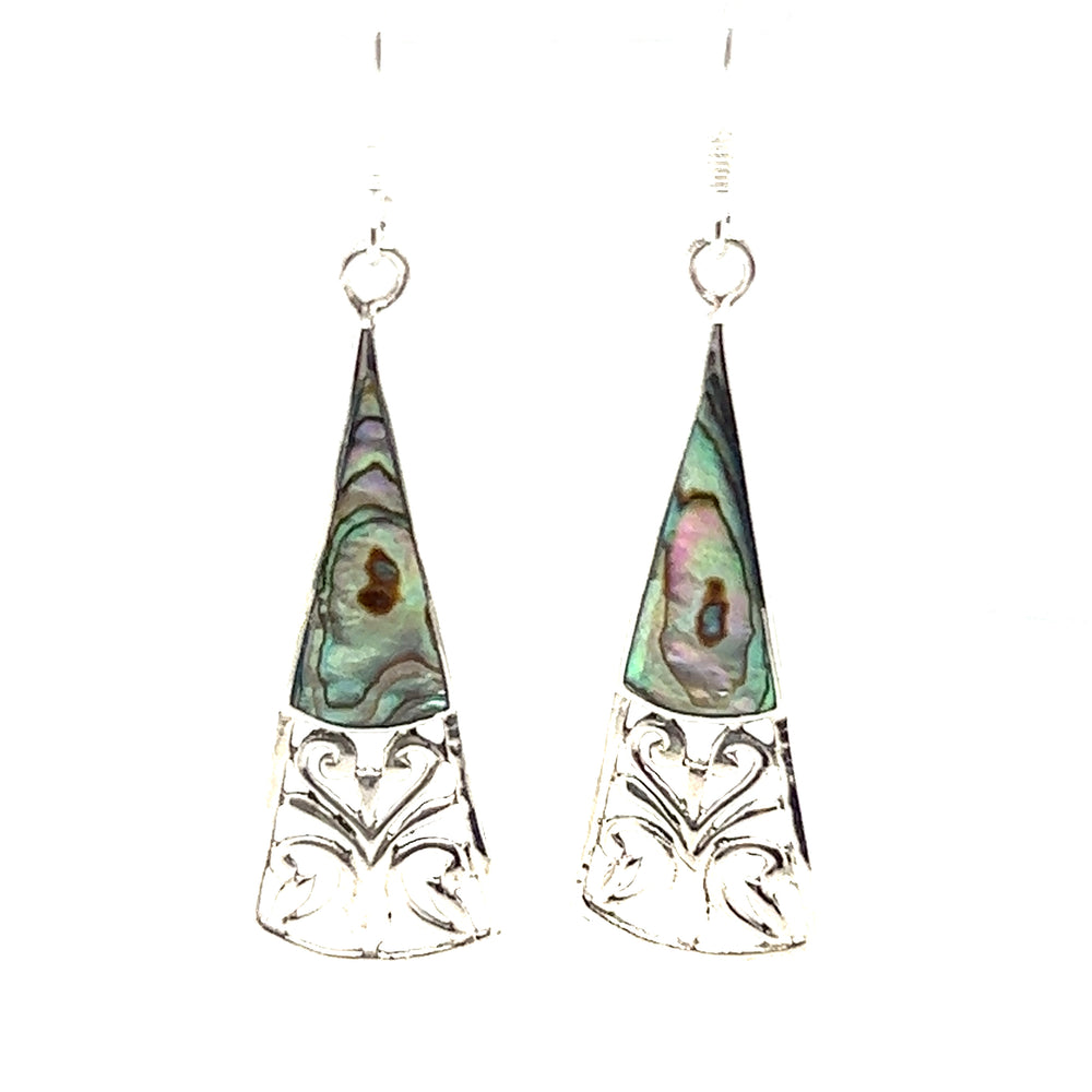 
                  
                    A pair of Super Silver Long Triangle Filigree Earrings with Inlaid Stone, showcasing nature-inspired beauty, on a white background.
                  
                