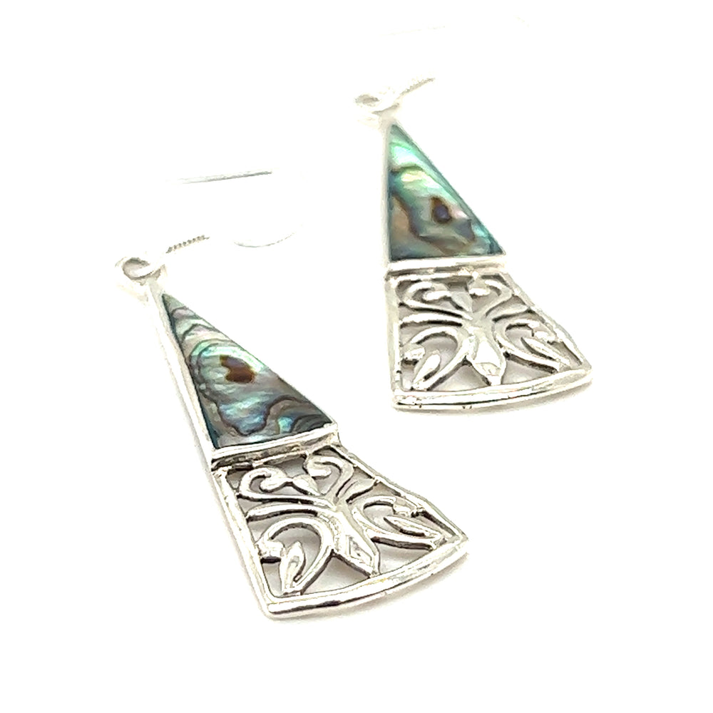 
                  
                    A pair of Super Silver Long Triangle Filigree Earrings with Inlaid Stone with nature-inspired beauty featuring an inlaid abalone shell.
                  
                