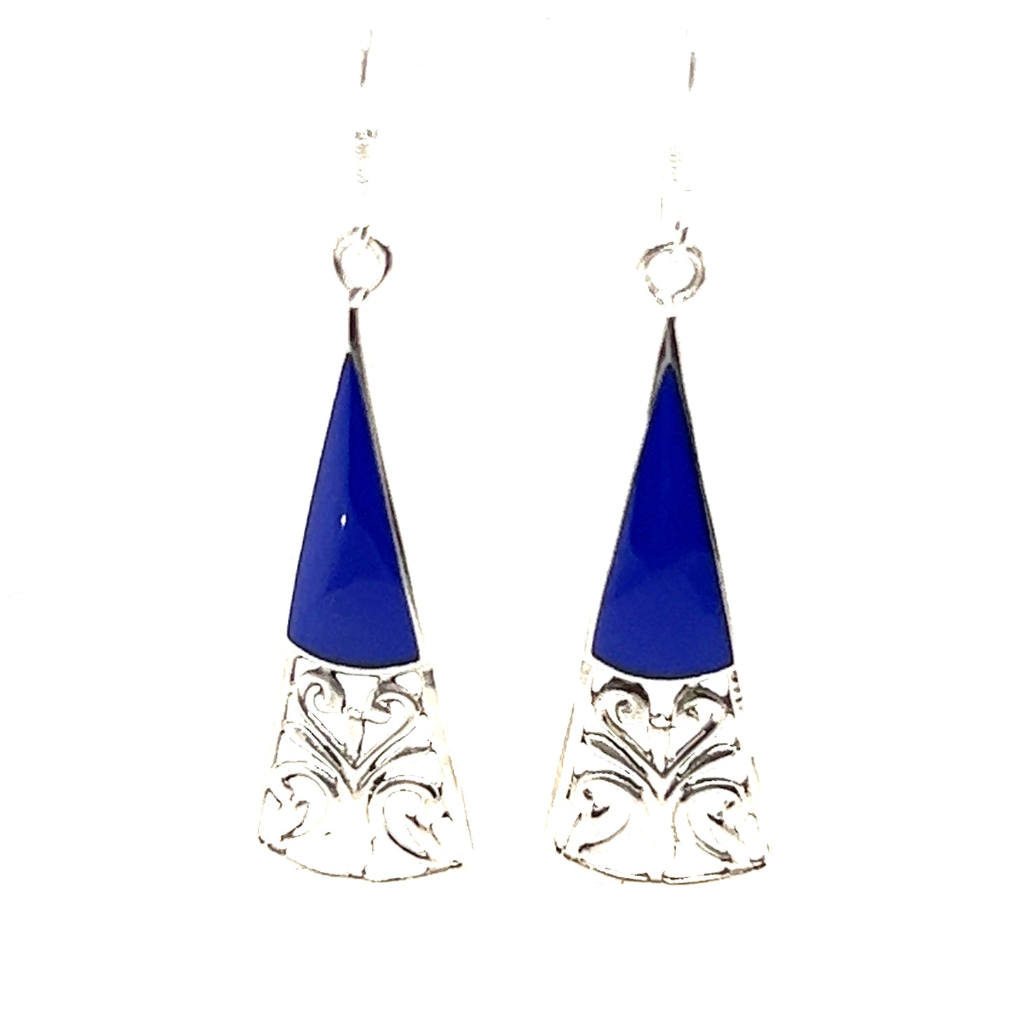 
                  
                    A pair of Super Silver Long Triangle Filigree Earrings with Inlaid Stone, with bohemian charm.
                  
                