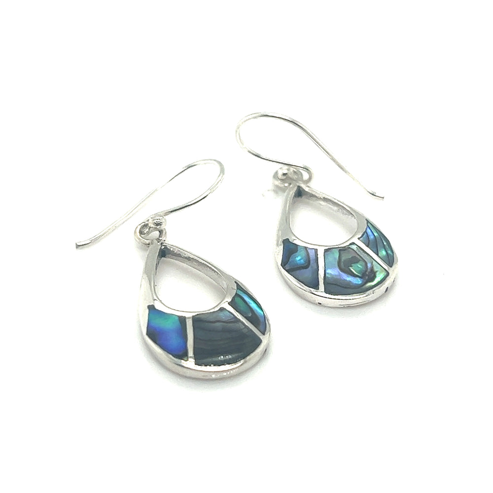 
                  
                    A pair of Elegant Teardrop Earrings with Inlaid Stones by Super Silver, with abalone shell and turquoise.
                  
                