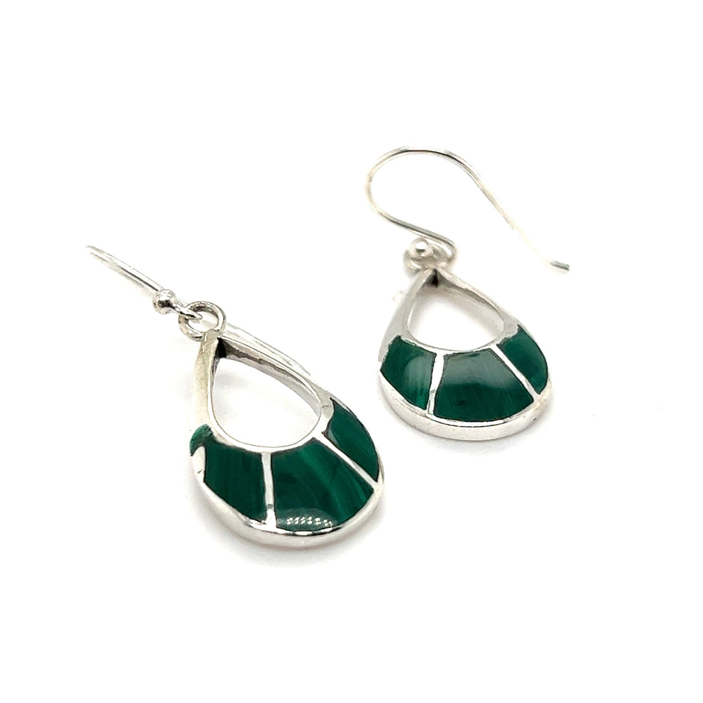 
                  
                    A pair of Super Silver Elegant Teardrop Earrings adorned with green enamel and inlaid stones.
                  
                