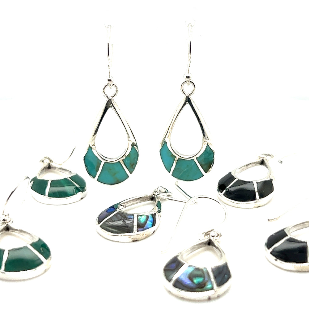 A pair of Super Silver Elegant Teardrop Earrings with Inlaid Stones in green and blue.