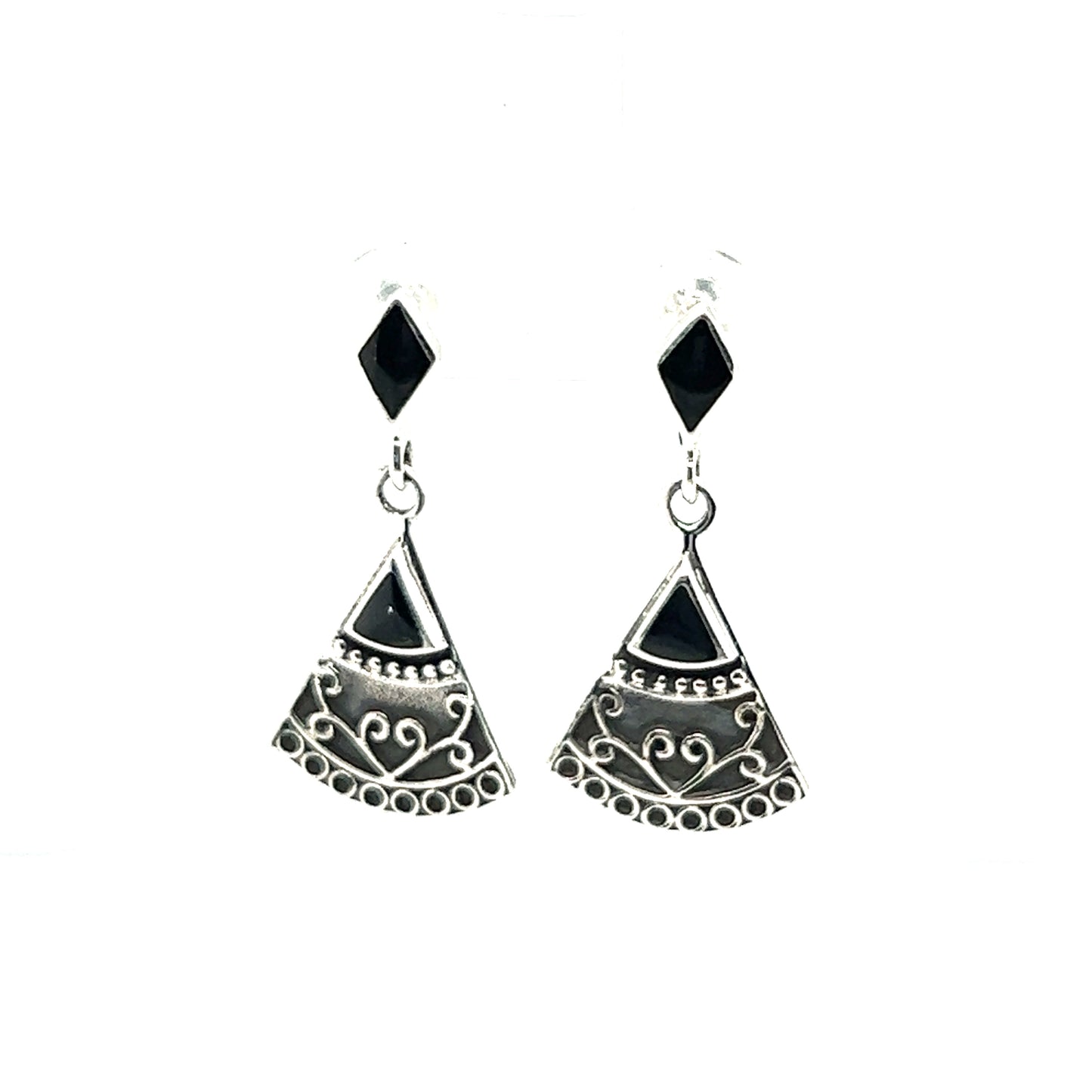 
                  
                    A pair of Super Silver Bohemian Style Filigree Earrings with Inlay Stones with geometric designs.
                  
                