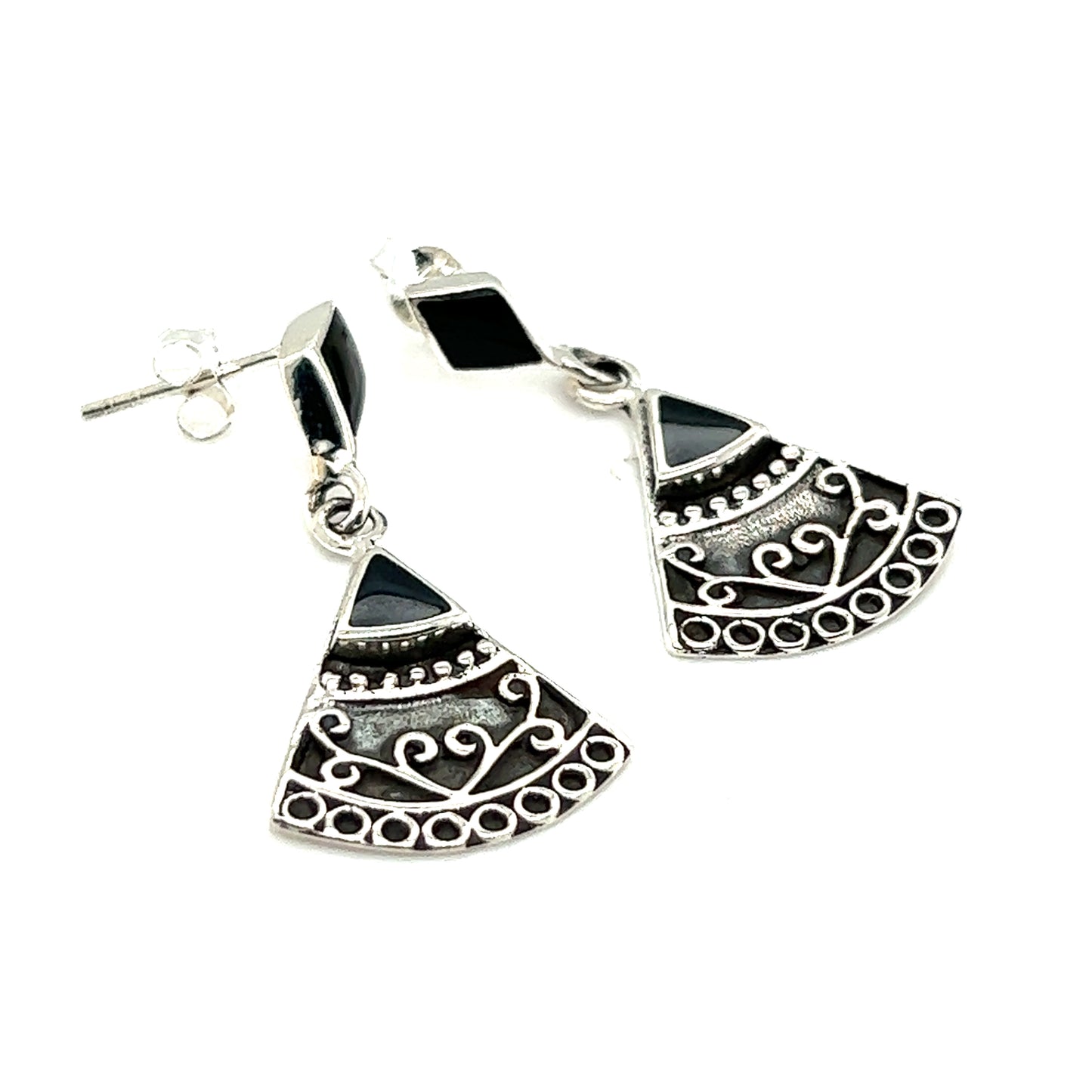 
                  
                    A pair of Super Silver Bohemian Style Filigree Earrings with Inlay Stones featuring a geometric design inlaid with black and white stones.
                  
                