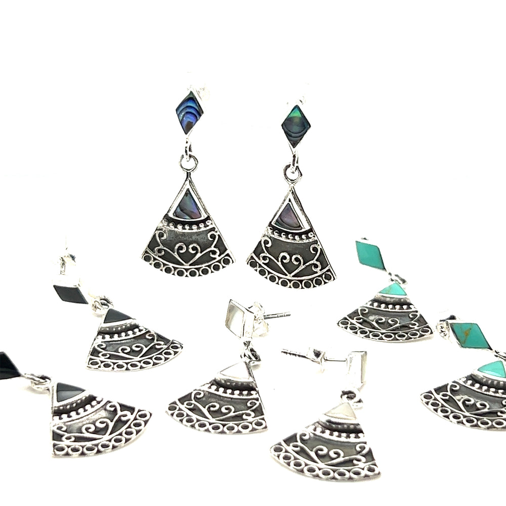 A set of Bohemian Style Filigree Earrings with Inlay Stones by Super Silver.