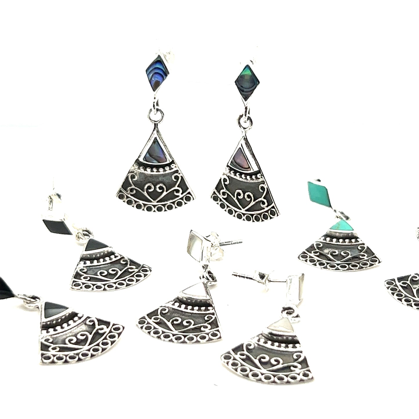 A set of Bohemian Style Filigree Earrings with Inlay Stones from Super Silver, with geometric designs and inlaid stones.