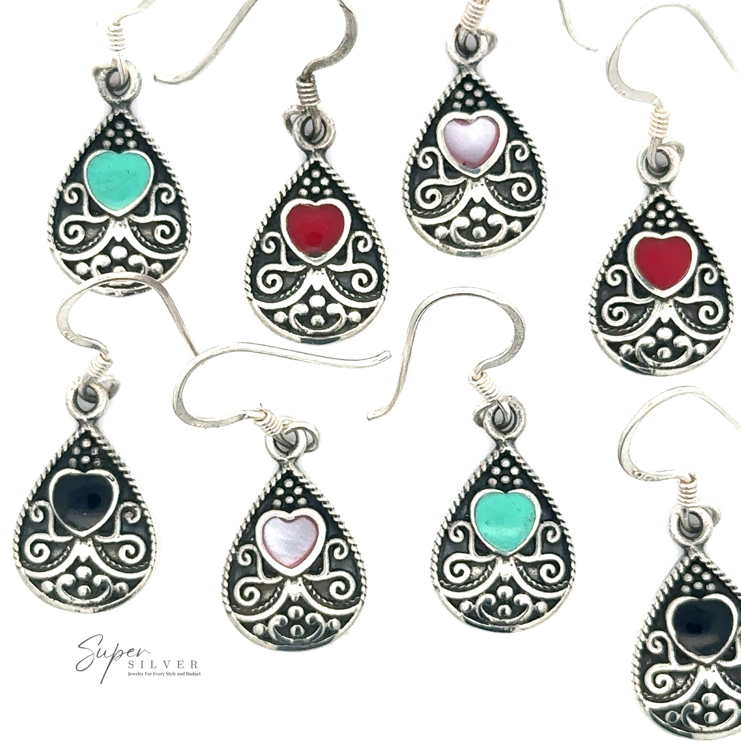 A collection of nine intricate Bali Style Teardrop Earrings with Inlaid Stone in various colors. The earrings feature ornate sterling silver details and dangle hooks. Logo reads "Super Silver.