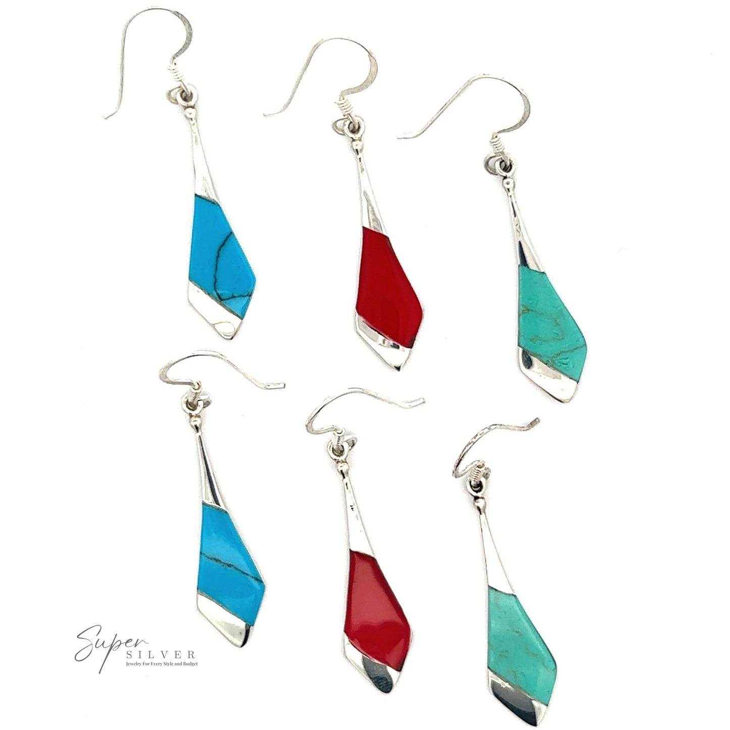 
                  
                    Six pairs of Inlaid Tie-Shaped Earrings are neatly arranged in two columns. Crafted with sterling silver, these earrings feature geometric inlays of reconstituted coral, turquoise, blue, red, and green stones. The Super Silver logo is visible in the corner.
                  
                
