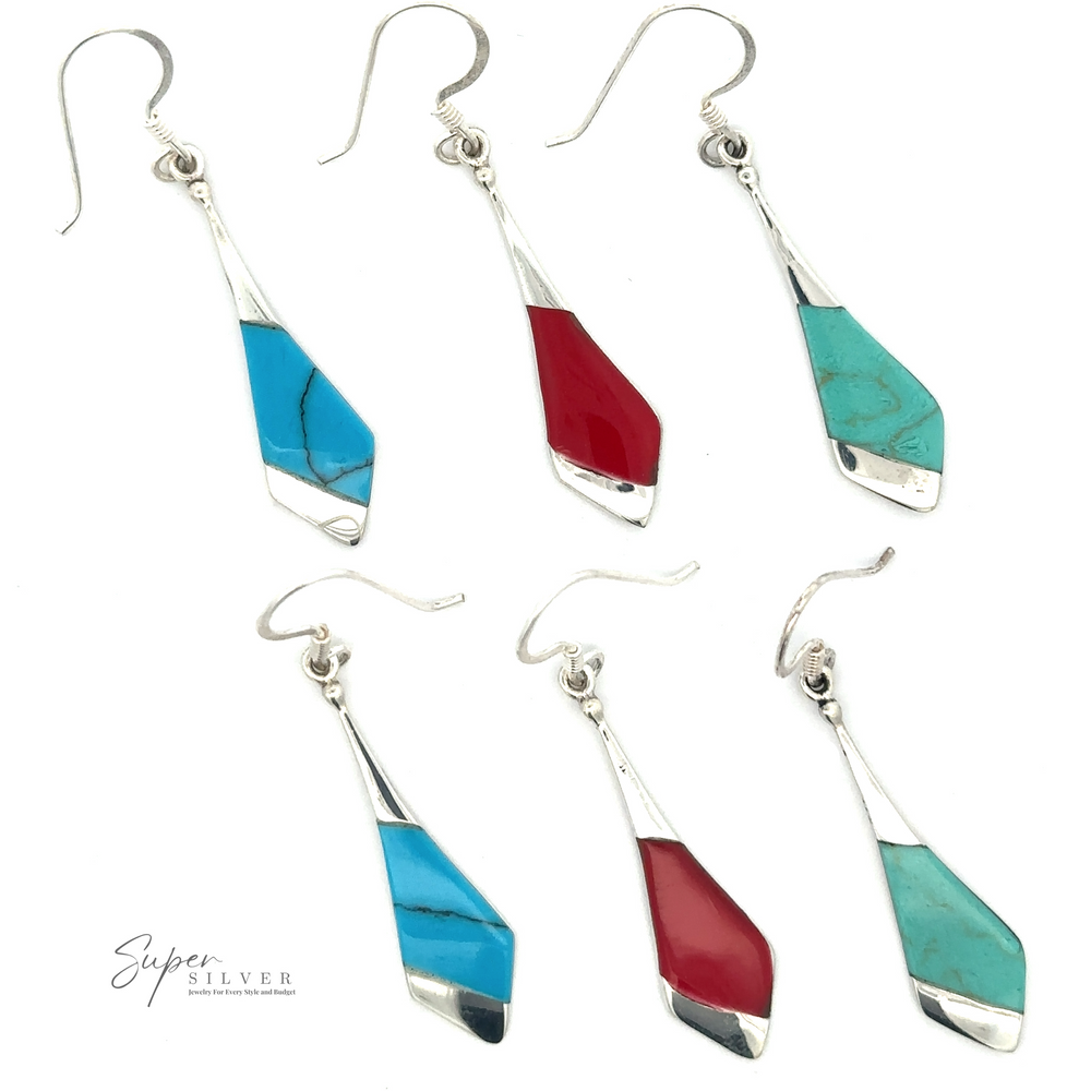 A set of six Inlaid Tie-Shaped Earrings with geometric designs in red, blue, and turquoise colors, featuring beautiful reconstituted coral elements. The brand 