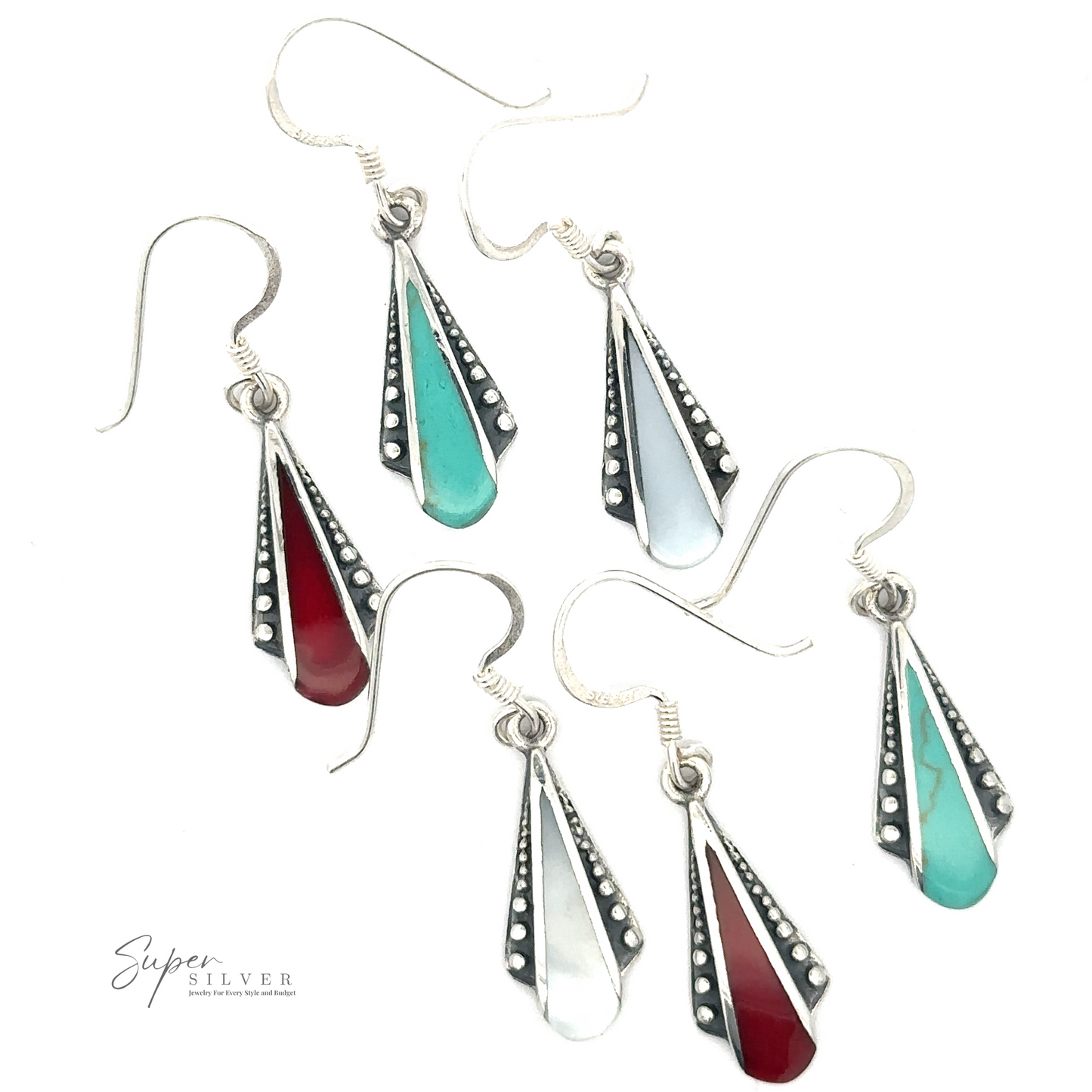 Three pairs of Inlaid Teardrop Shaped Bali Inspired Earrings, each boasting a teardrop-shaped gemstone. One pair dazzles with red stones, another with turquoise stones, and the third features Mother of Pearl. The Bali inspired earrings have a sterling silver hook design.