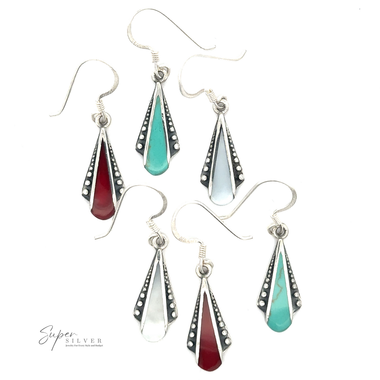 
                  
                    Three pairs of Inlaid Teardrop Shaped Bali Inspired Earrings with hook fastenings. Each pair features teardrop-shaped stones in red, turquoise, and white, set in sterling silver with decorative accents. These stunning earrings offer a touch of exotic elegance to any outfit.
                  
                