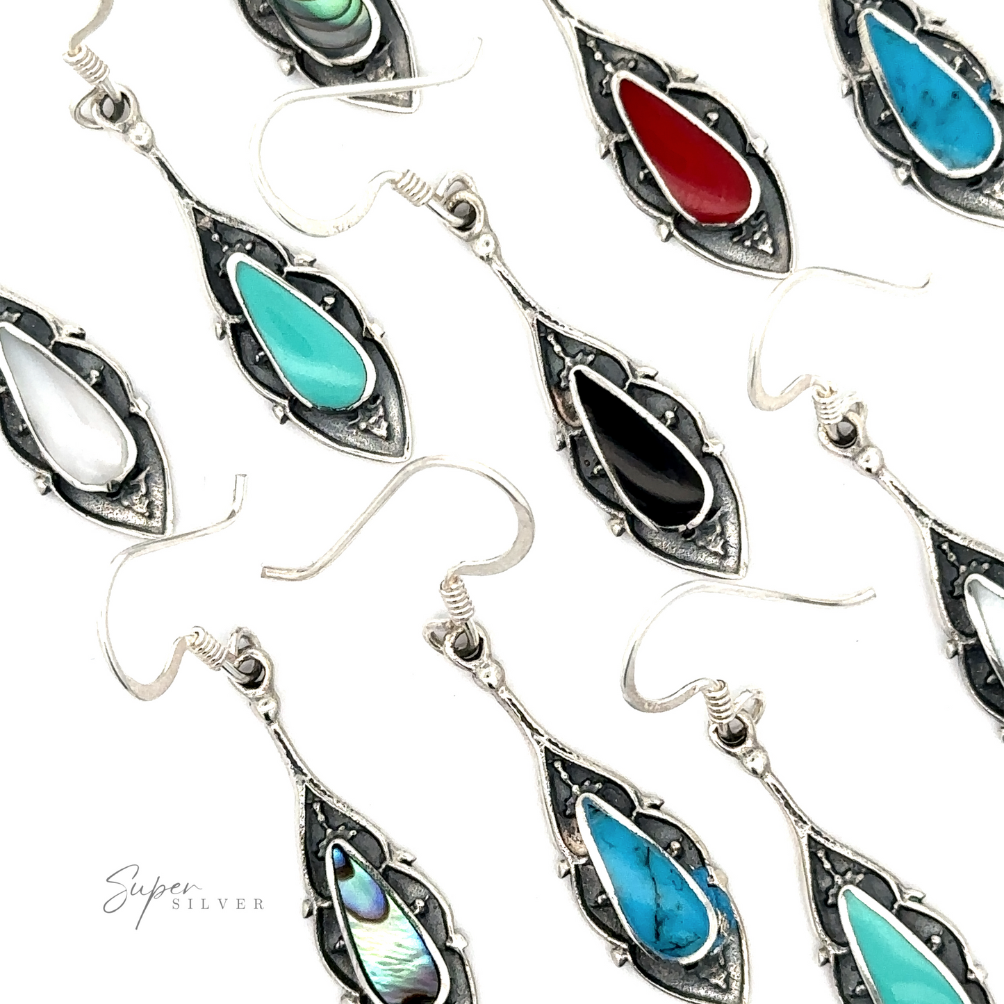 A collection of Teardrop Shape Inlaid Earrings featuring stones in various colors, including red, blue, turquoise, black, white, and abalone. The earrings are displayed in an organized manner.