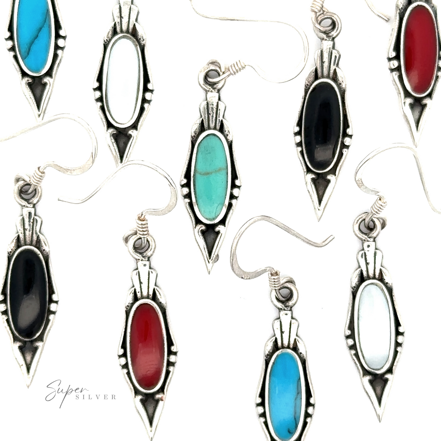 A collection of Elegant Inlaid Earrings with Oval Stone featuring differently colored oval stones, including red, turquoise, black, and white, displayed against a white background.