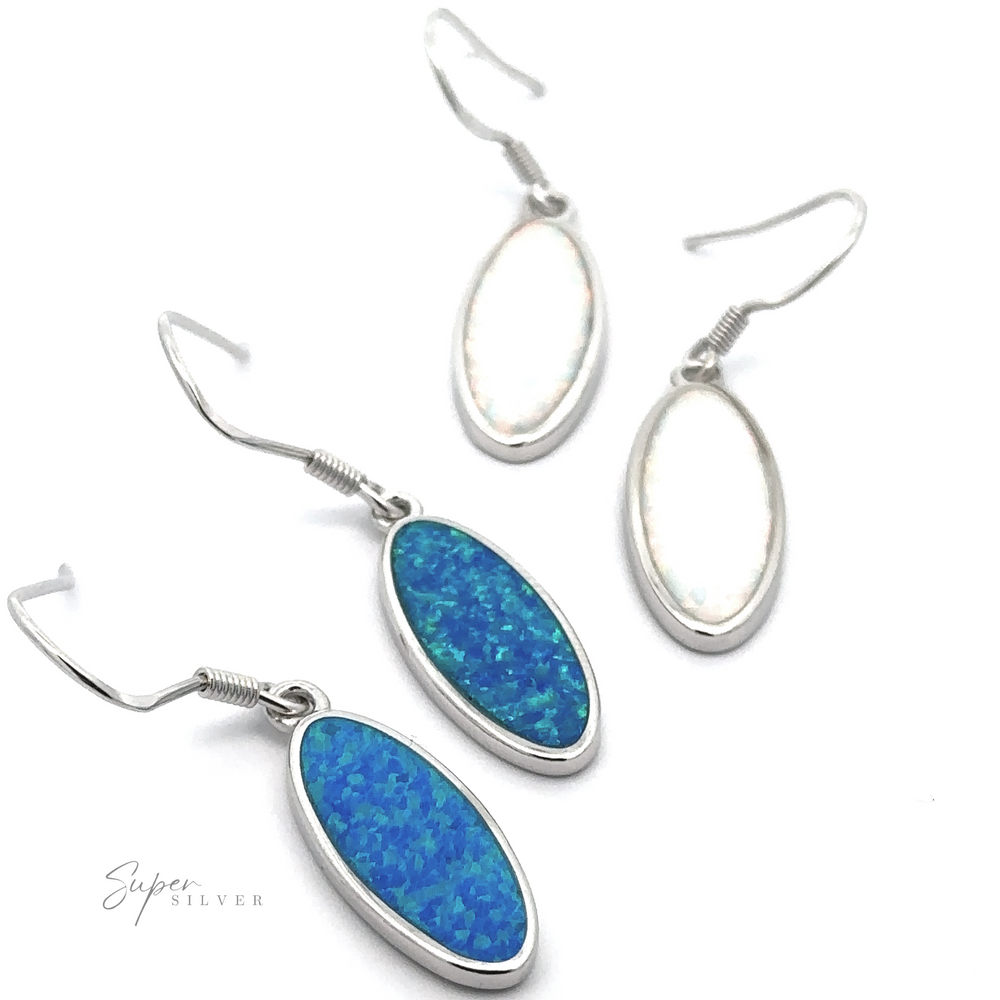 Two pairs of "Simple Oval Lab-Created Opal Earrings": one set features white opal stones, and the other set features blue opal stones, both set in silver frames. A "Super Silver" logo is at the bottom left.