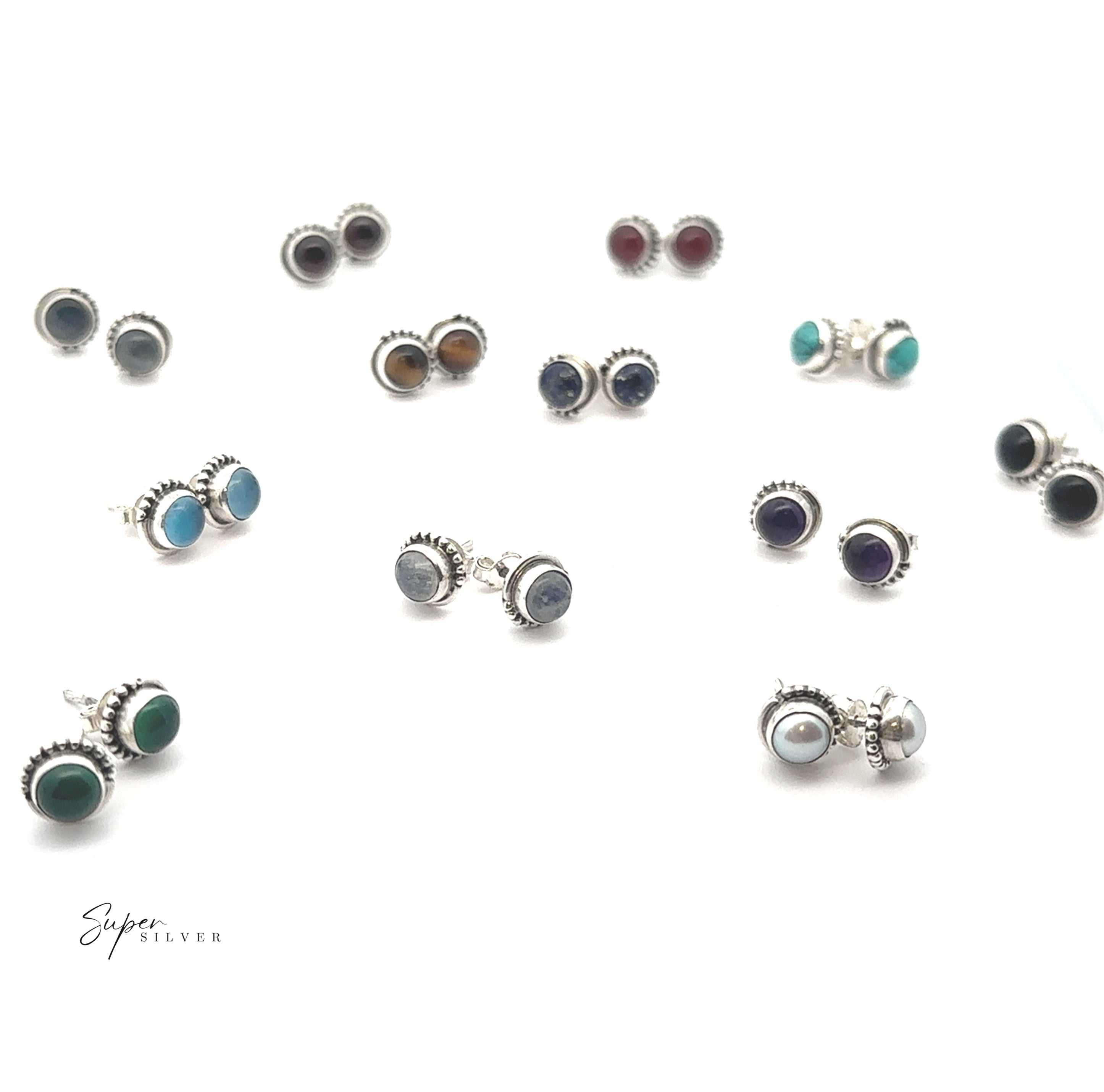5mm Gemstone Studs With Half Bead Design: sterling silver stud earrings featuring small, round bezel-set gemstones in a variety of colors, displayed on a white background.