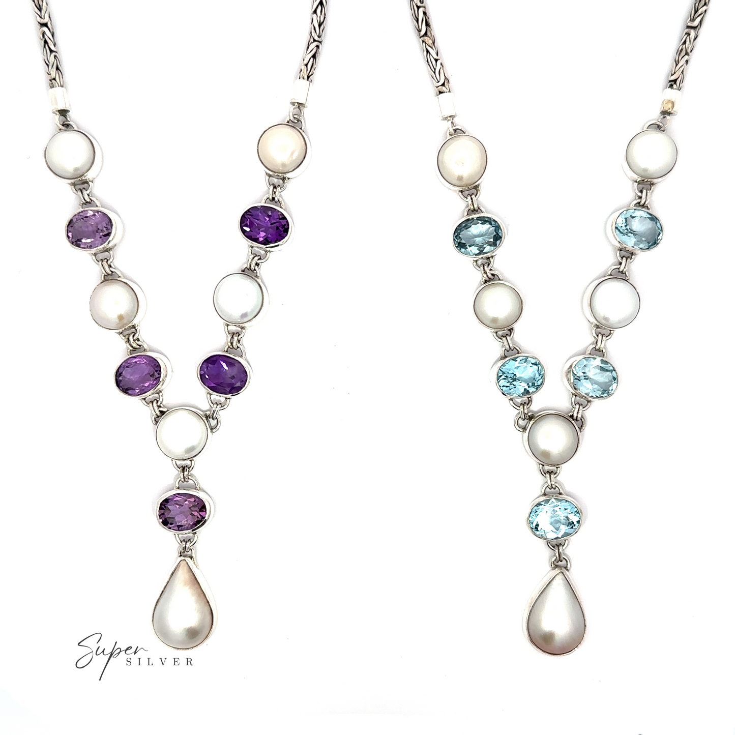 Two Stunning Pearl and Gemstone Statement Necklaces with alternating gemstones and pearls. One features purple stones set in Sterling Silver, while the other showcases blue stones. Each necklace ends in a teardrop-shaped pearl pendant.